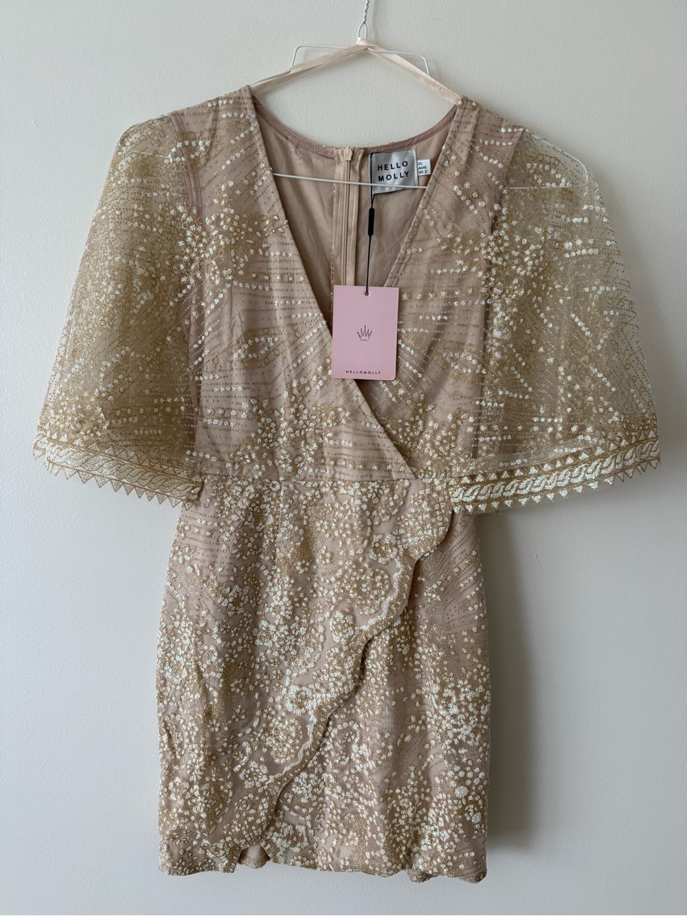 Hello Molly Champagne Gold Sequin Wrap Mini Dress